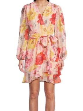 Alex Marie Floral Wrap Mini Dress in Pink and Yellow Sz 16